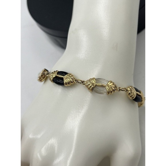 Swarovski Signed Vintage Swan Gold Tone Jet Black and Clear Lucite Bracelet - Picture 7 of 15